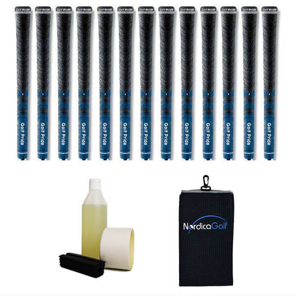 Golf Pride New Decade MultiCompound MCC Midsize Blue Grip kit - 13 grips, clamp, solvent, tape, towel